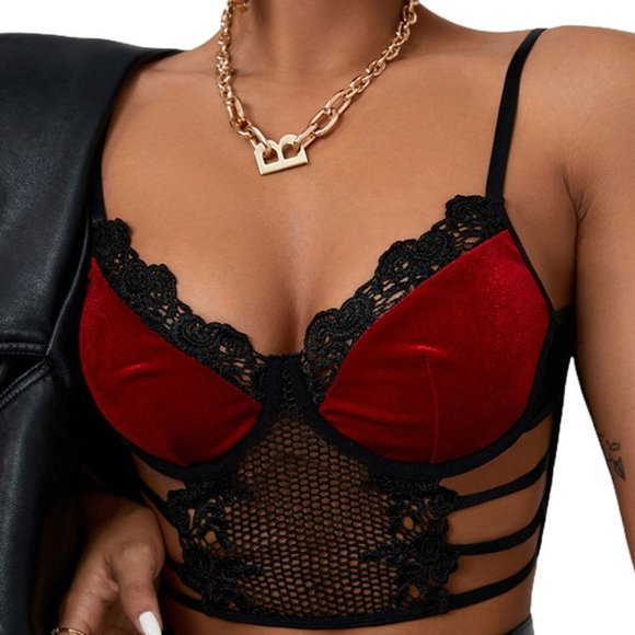 Red Velvet and Black Lace Lingerie Top - Picture 2 of 5